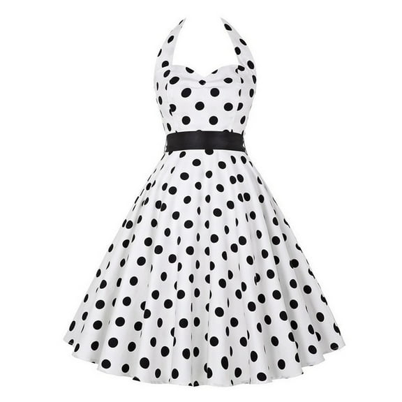 DeHolifer Women Dresses Vintage Rockabilly 50s Retro Hepburn Style Halterneck A-Line Swing Dresses White 2XL
