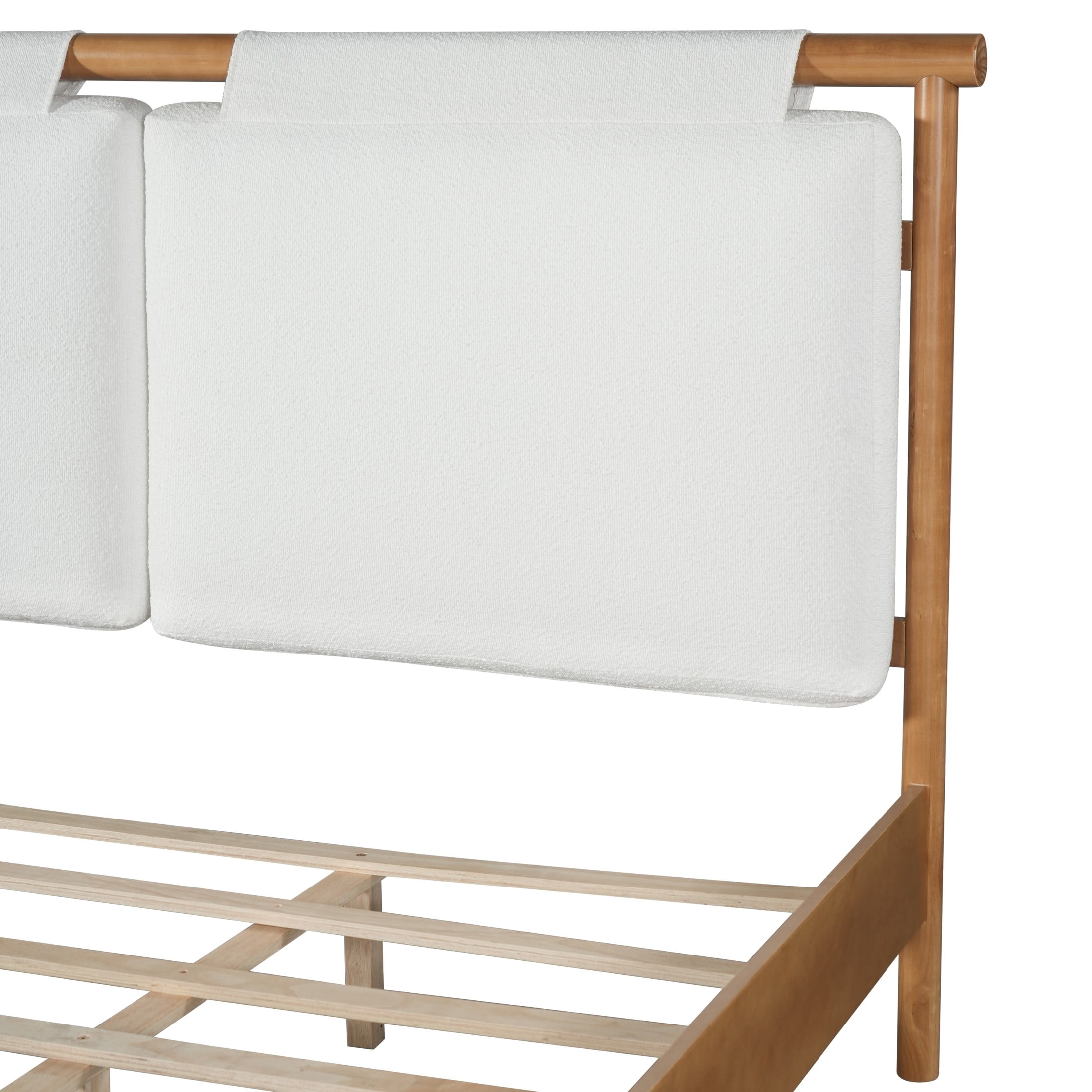 Christopher Knight Home Queen Platform Bed with White Upholstered, Wood Frame, Natural Finish