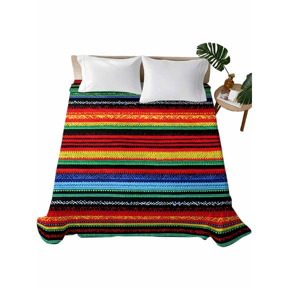 California King Flat Sheet 108"x98", Mexico Stripes Soft Lightweight Bedding Flat Sheets Only, Colored Abstract Striped Orange Red Boho Brushed Microfiber Top Bed Sheet, Breathable Bedsheets