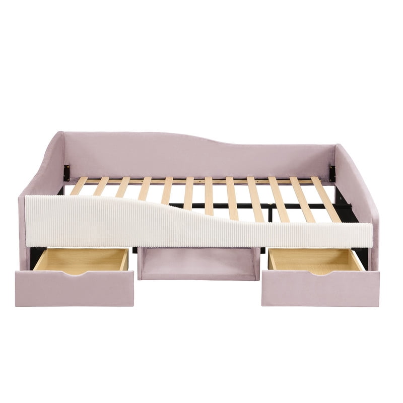 Full Size Upholstered Daybed Frame, Low-Profile Storage Platform Bed with 2 Drawers and Open Compartment, Two-Tone Accent Kids Bed
