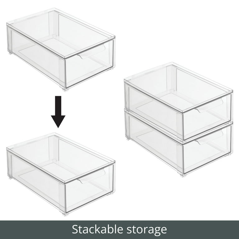 4ct mDesign Plastic Stackable Kitchen Storage Organizer with Drawer 4 Pack, Clear