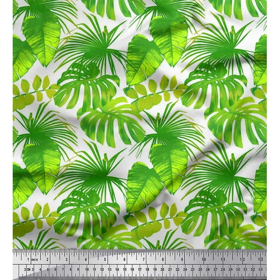 Soimoi White Cotton Jersey Fabric Tropical Leaves Print Fabric by Yard 58 Inch Wide