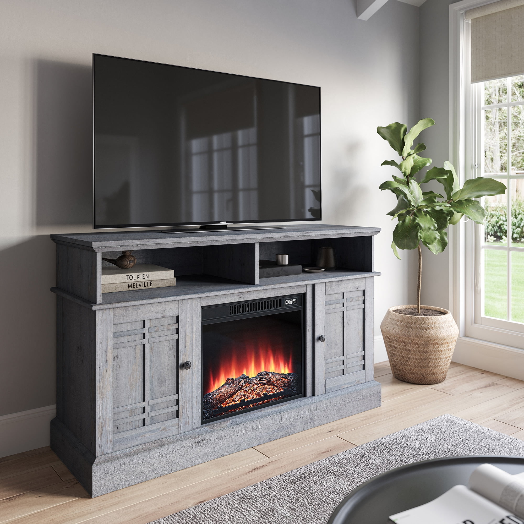 Belleze Fireplace TV Stand Entertainment Center Norrell (Light Gray