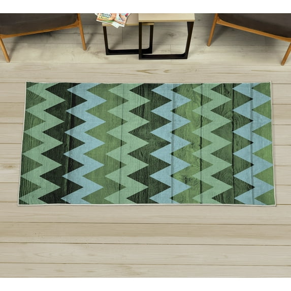 Chevron Decorative Rug, Zig Zag Lines Pattern on Wooden Looking Background Rustic Home Print, Quality Carpet for Bedroom Dorm and Living Room, 6 Sizes, Pistachio Green, by Ambesonne
