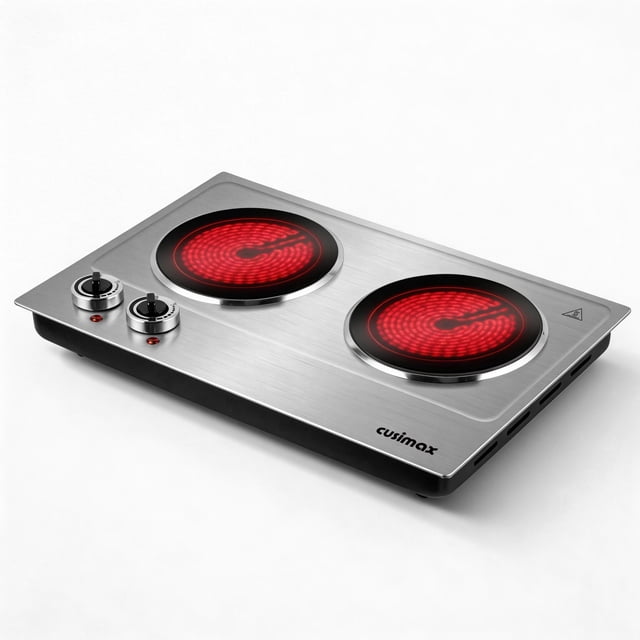 CUSIMAX Induction Hot Plate ,Cooktop 1800W,Portable Ceramic Dual Infrared Cooktop with Independent Controls,Stainless Steel & Glass Electric Burner for Countertop Cooking.