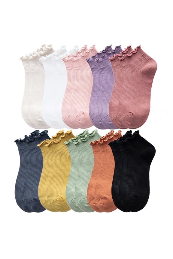 Women Ankle Socks Cotton - 10 Pairs Ruffle Turn-Cuff Casual Socks Short Socks