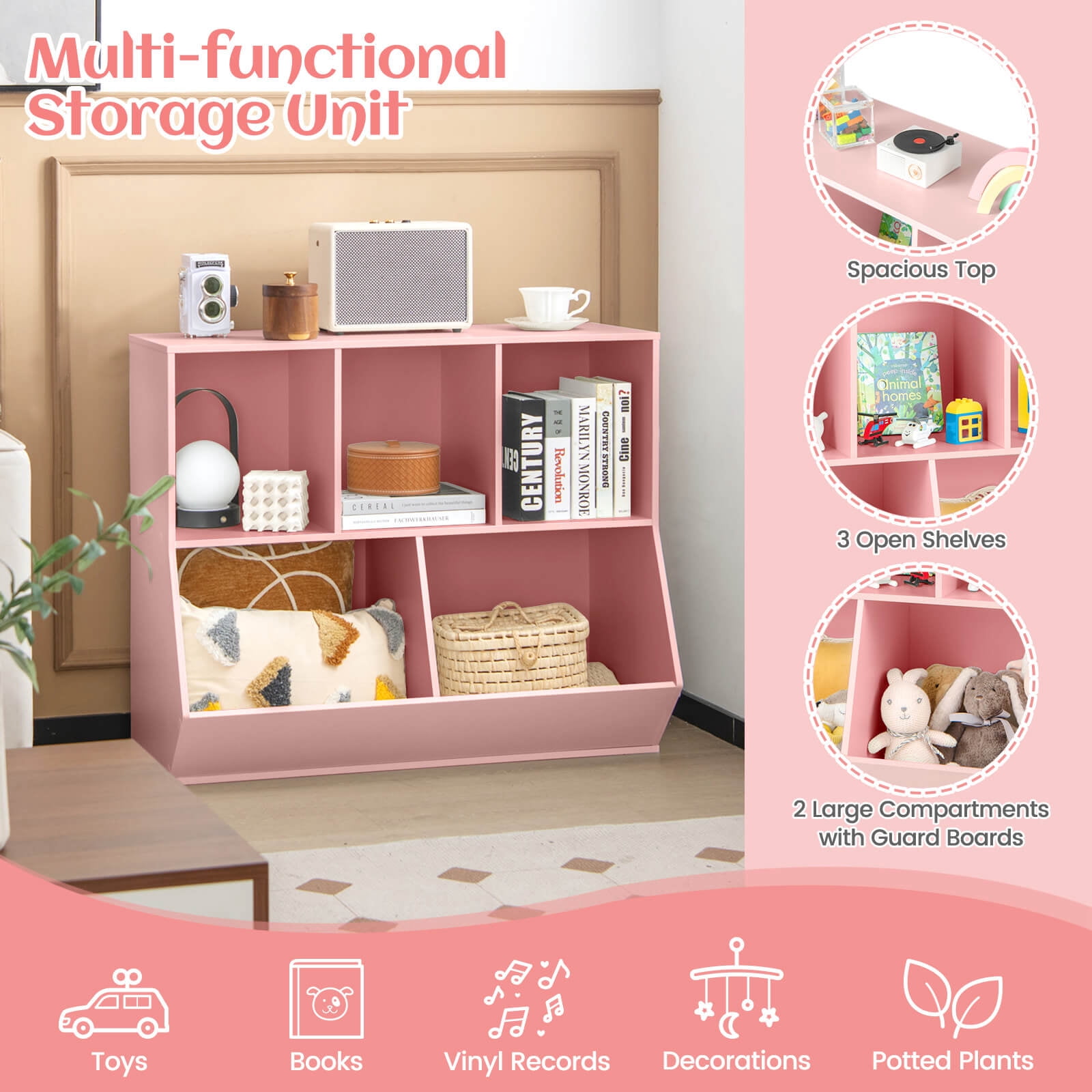 Costway 5-Cubby Kids Toy Storage Organizer Wooden Bookshelf Display Cabinet Pink