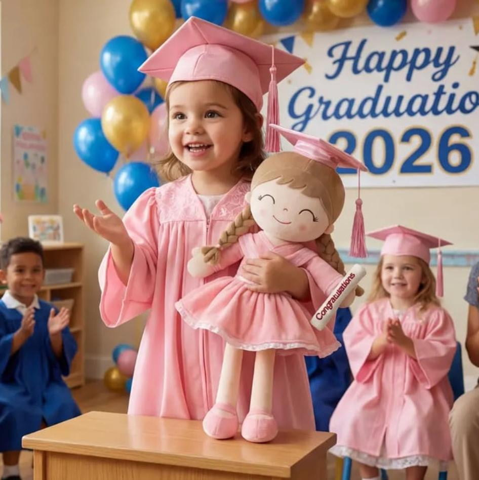 Cute graduation plush doll with cap & scroll, soft stuffed doll, ideal graduation gift for graduates, graduation party decor (Pink)