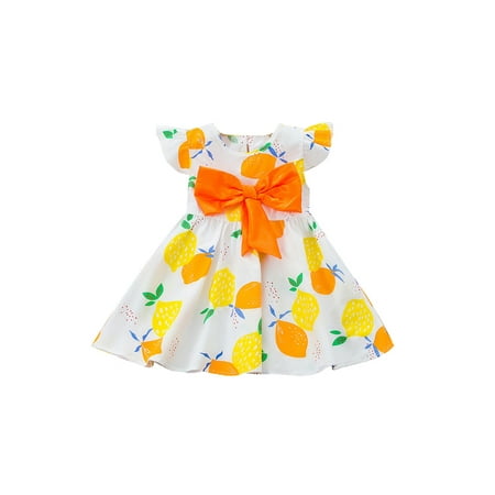 

Binpure Rainbow/Lemon Print Fly Sleeve Round Neck Big Bowknot A-line Dress