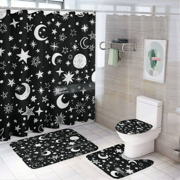 Moon And Star Print Shower Curtain Set 4PCs with Hooks Waterproof Bathroom Toilet Mat Lid Decor 4pcs