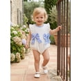 thumbnail image 4 of BemeyourBBs Newborn Baby Girls Summer Clothes Jacquard Bubble Romper Bow Decorated Ruffle Sleeveless Crew Neck Bodysuit Playsuit, 4 of 9
