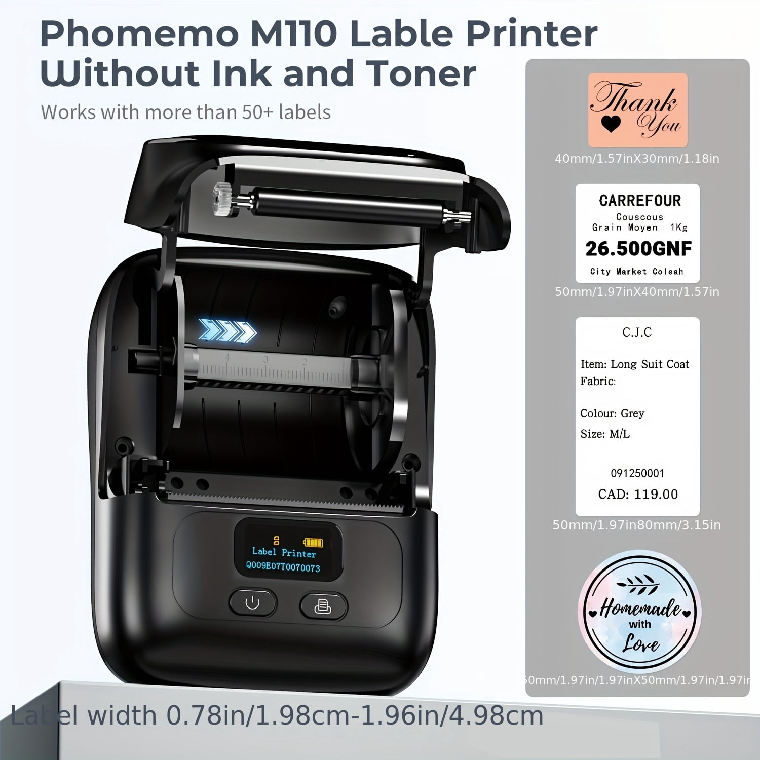 M110 Label Maker Portable Label Printer, Sticker Printer For Small Business, Address, Office, Gift, Picture, Inkless Barcode Label Printer + 1 Rolls Thermal Paper + 1 Storage bag（black）