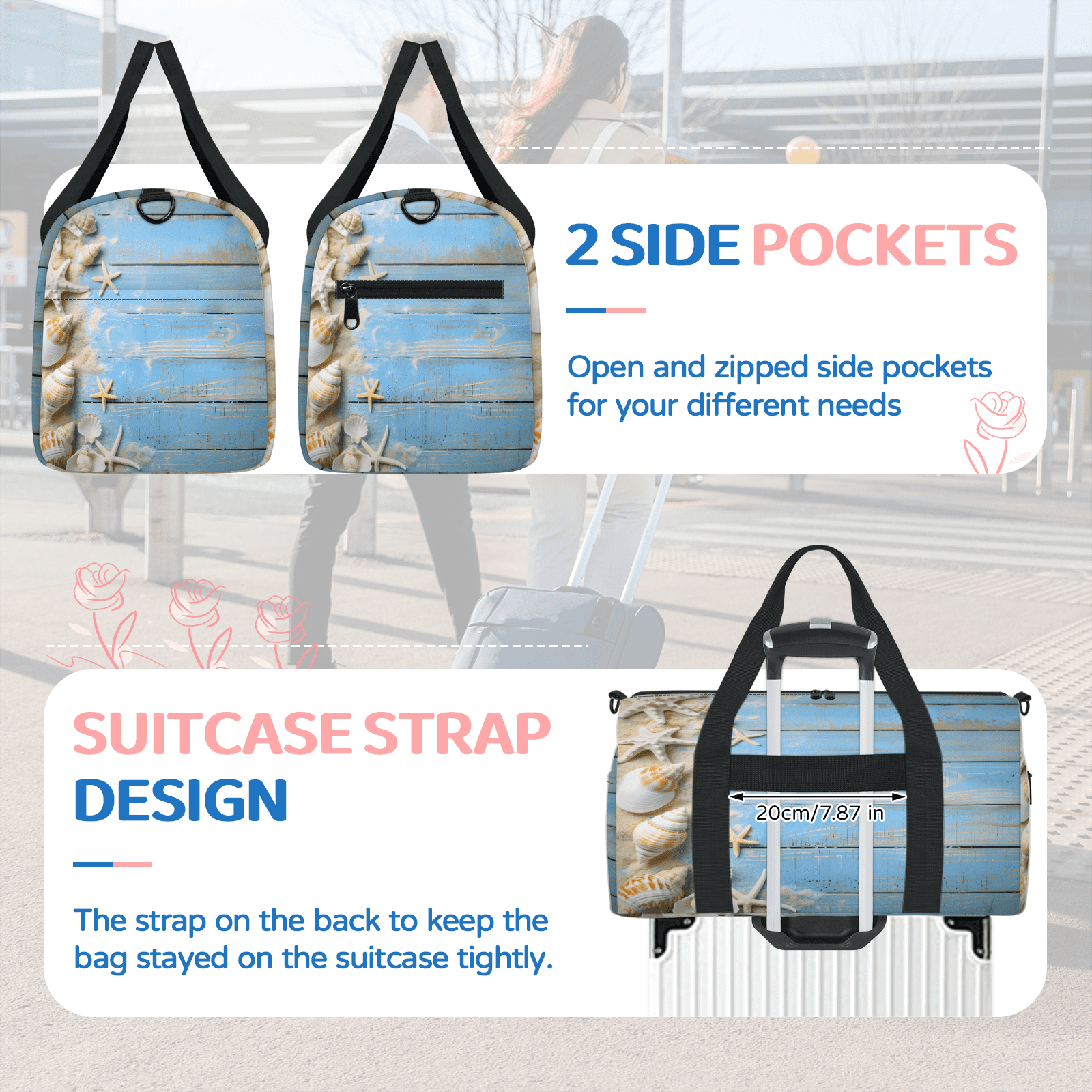 Herdesigns Blue Ocean Beach Seashell Starfish Themed Travel Duffle Bag Sports Yoga Weekender Overnight Carry on Workout Bags Lightweight Waterproof Gym Tote Bag for Women
