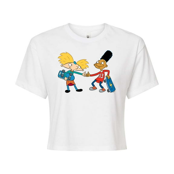Hey Arnold! - Arnold and Gerald Skateboard - Juniors Cropped Cotton Blend T-Shirt
