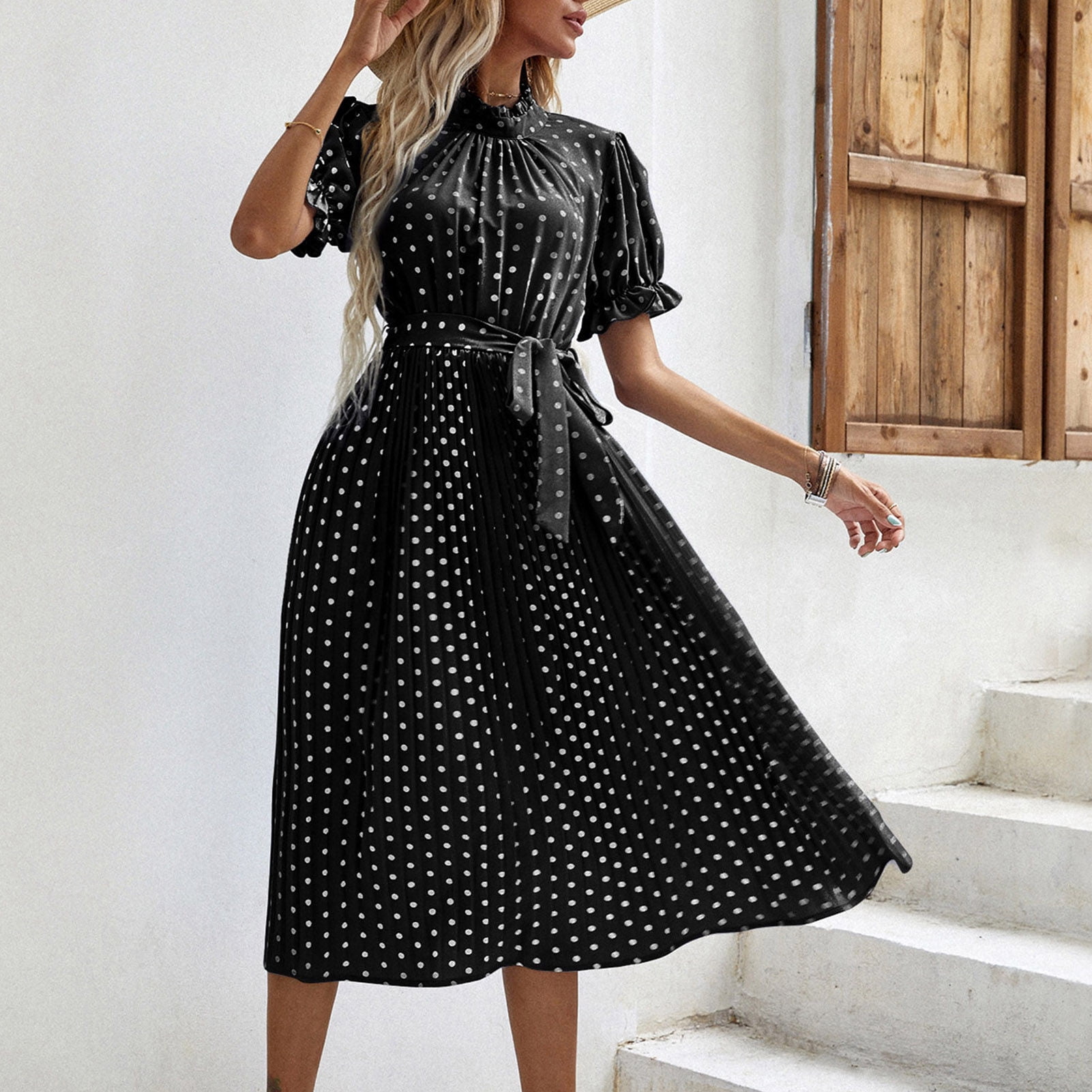 Dots Print Short Sleeve Dress Round Neck Design Pleated Design Ruffle Short Sleeve Dress For Holiday For Party For Dating Black XL Walmart
