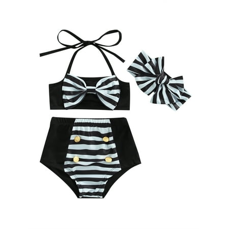 

YiLvUst 3-Piece Toddlers Girls Swimwear Striped Halter Neck Tops + High Waist Pantie + Headband Swimsuit