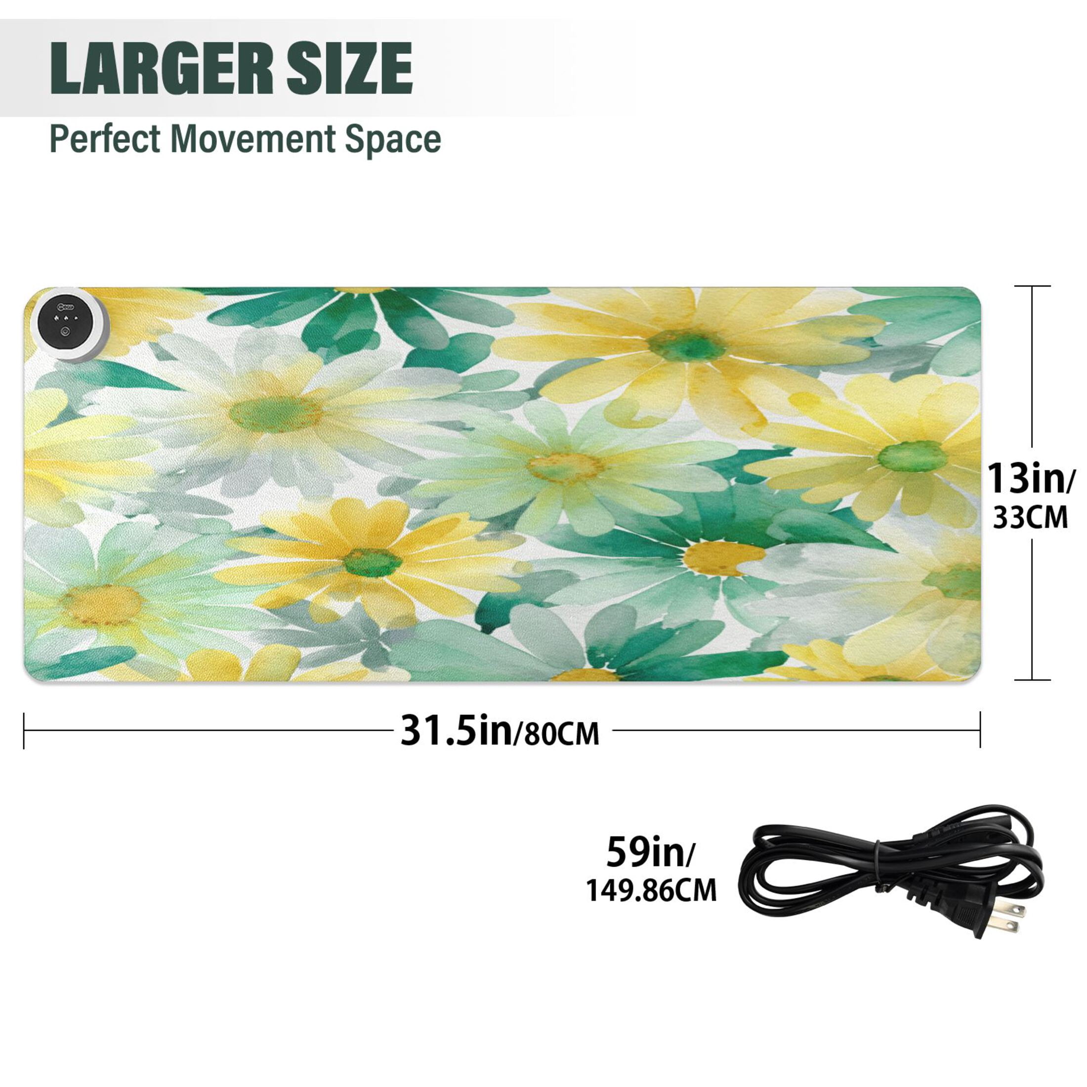 Large Heated Desk Mat Mouse Pad 31.5"x13"PU Leather Graphene Heating Desk Warmer with 3 Temperature Settings 110V US Plug Non-Slip Warm Pad for Home, Office, and Gaming Teal Yellow Daisy Print