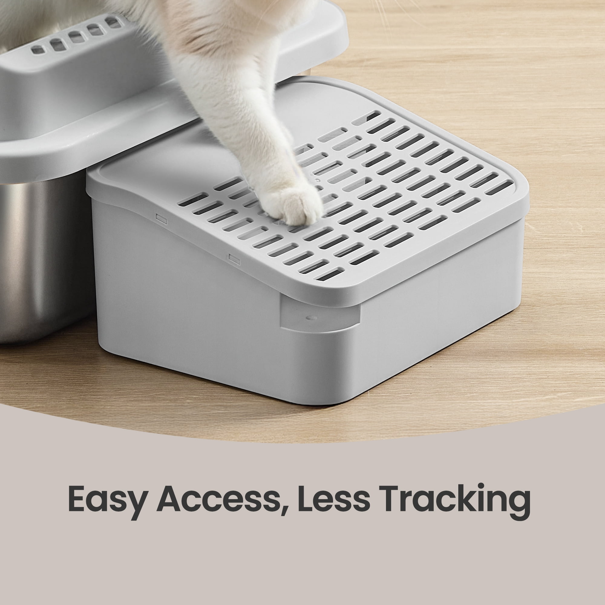LEDREM Stainless Steel Open Top Cat Litter Box with Step, High-Sided Litter Tray for Cats up to 33 lb, Dove Gray