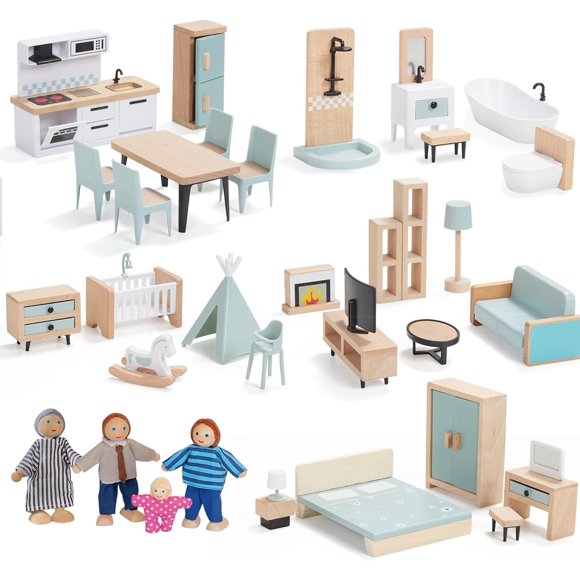 Giant bean 36pcs Wooden Plastic Dollhouse Furniture 5 Set with 4 Family Dolls, Blue Dollhouse Accessories Pretend Play Furniture Toys for Boys Girls &