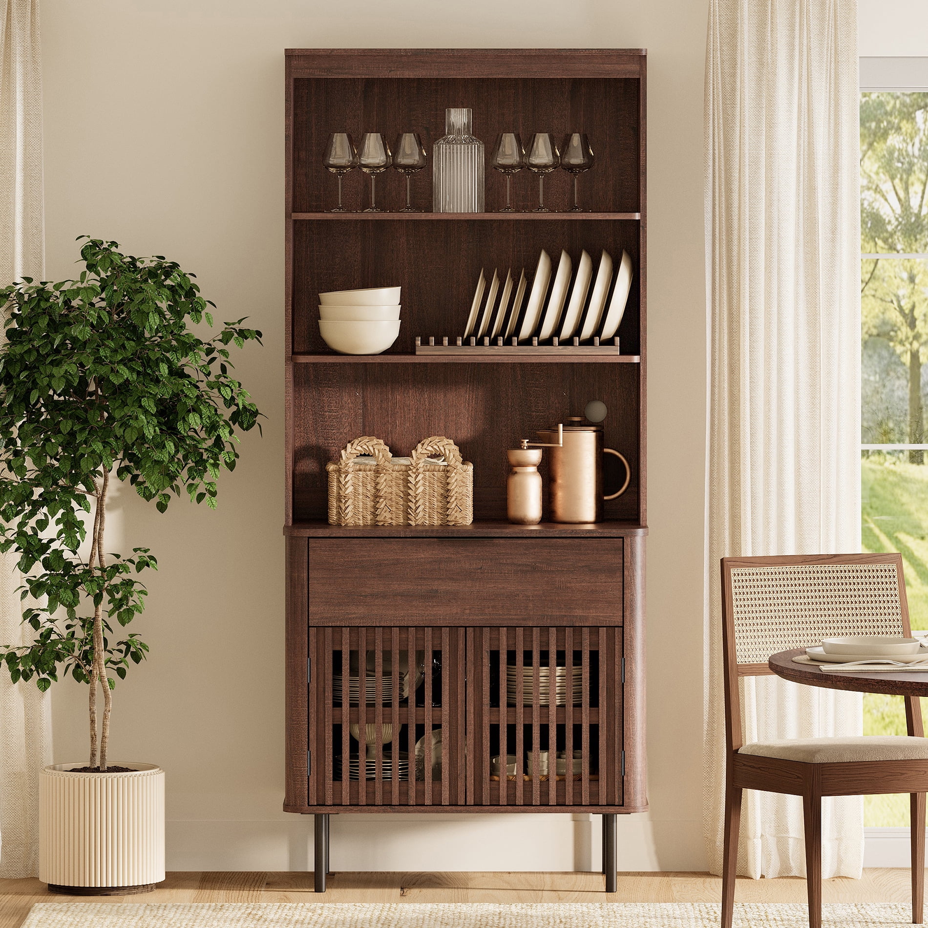3-in-1 72.8" Fluted Pantry Cabinet with Doors & Drawer, Adjustable Shelf, Cable Mgmt, 5-Tier, Walnut