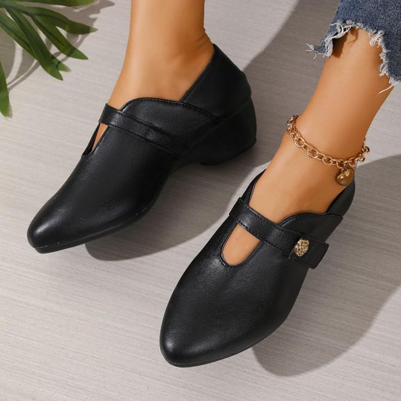 BXSRUTA Women's Leather T-Strap Loafers Pointed Toe Low Heel Comfort Casual Shoes with Camellia Decor Soft Sole Breathable Low Top