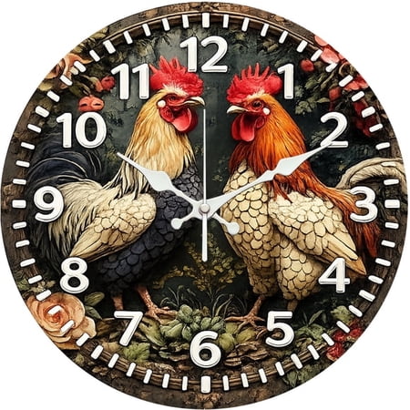 SBEMP10 Inch Silent Wall Clock, Vintage Rooster Country Decorative Wall Clock, Battery Operated Non-Ticking Round Clock for Living Room Kitchen Farmhouse Home Decor