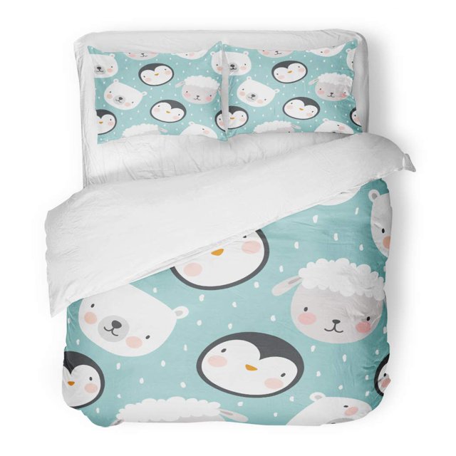 ABPHQTO Juego de ropa de cama de 3 piezas Funda de edredón de dibujos animados de pingüino, oveja y oso con patrón de bebé colorido con 2 fundas de almohada