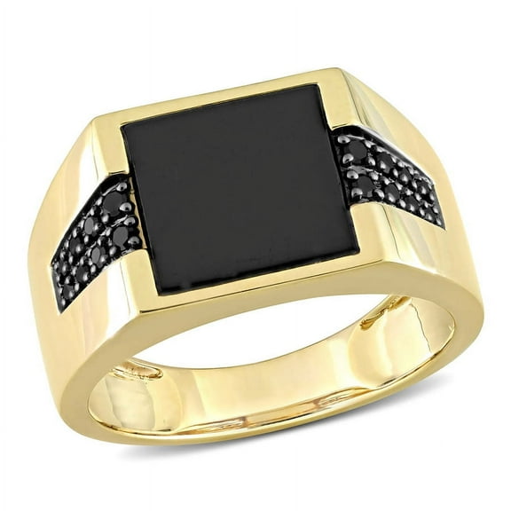 AMOUR 8 CT TGW Black Onyx and 1/6 CT TW Black Diamond Men's Ring In 10K Yellow Gold