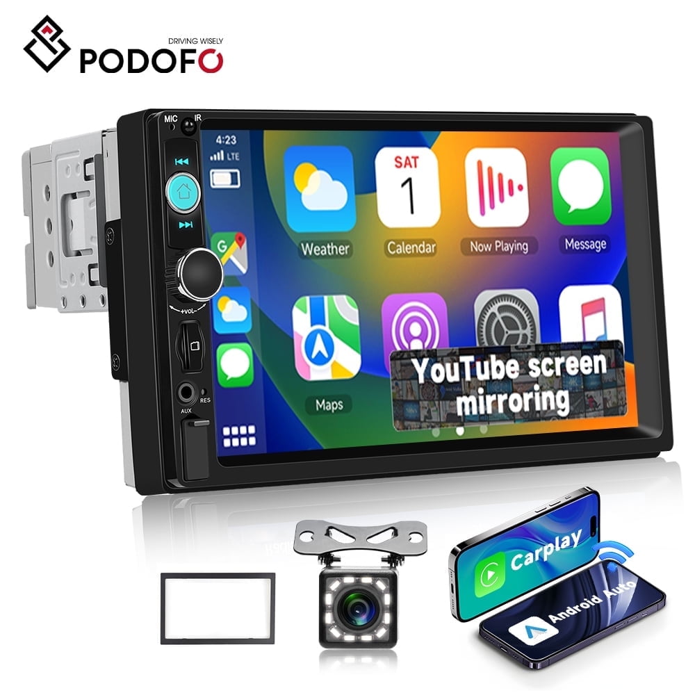 Podofo Single Din Car Stereo Wireless Apple Carplay and Android Auto, 7 Inch Touch Screen Radio with Bluetooth, 1 Din MP5 Car Multimedia Player Support USB Charge, EQ, AUX/TF/SWC/DVR Backup Camera