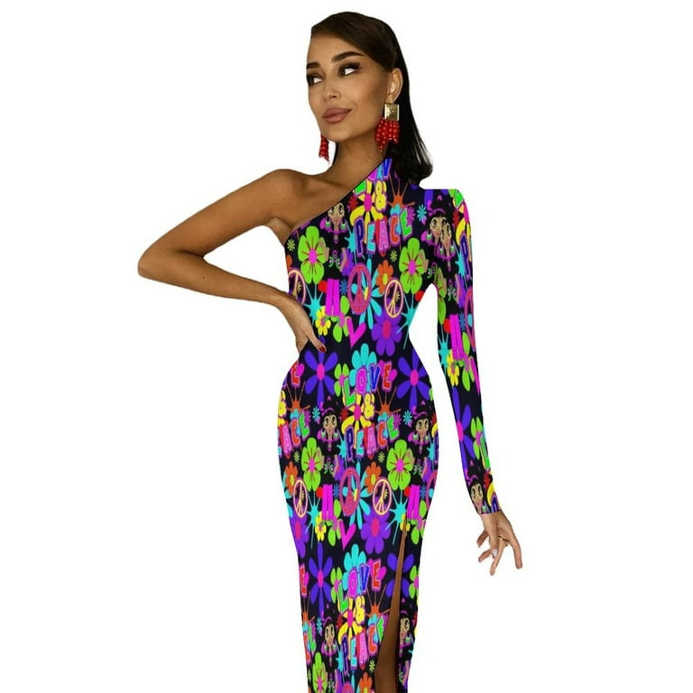 Hippie Flower Power Long Dress Ladies Peace Colorful 60s Retro Party Maxi  Dress Summer One Shoulder Vintage Bodycon Dresses - Walmart.com