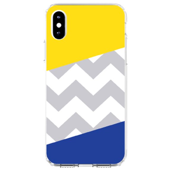 DistinctInk Clear Shockproof Hybrid Case for iPhone XR (6.1" Screen) - TPU Bumper, Acrylic Back, Tempered Glass Screen Protector - Blue Yellow Block Grey Chevron - Chevron Stripes Pattern