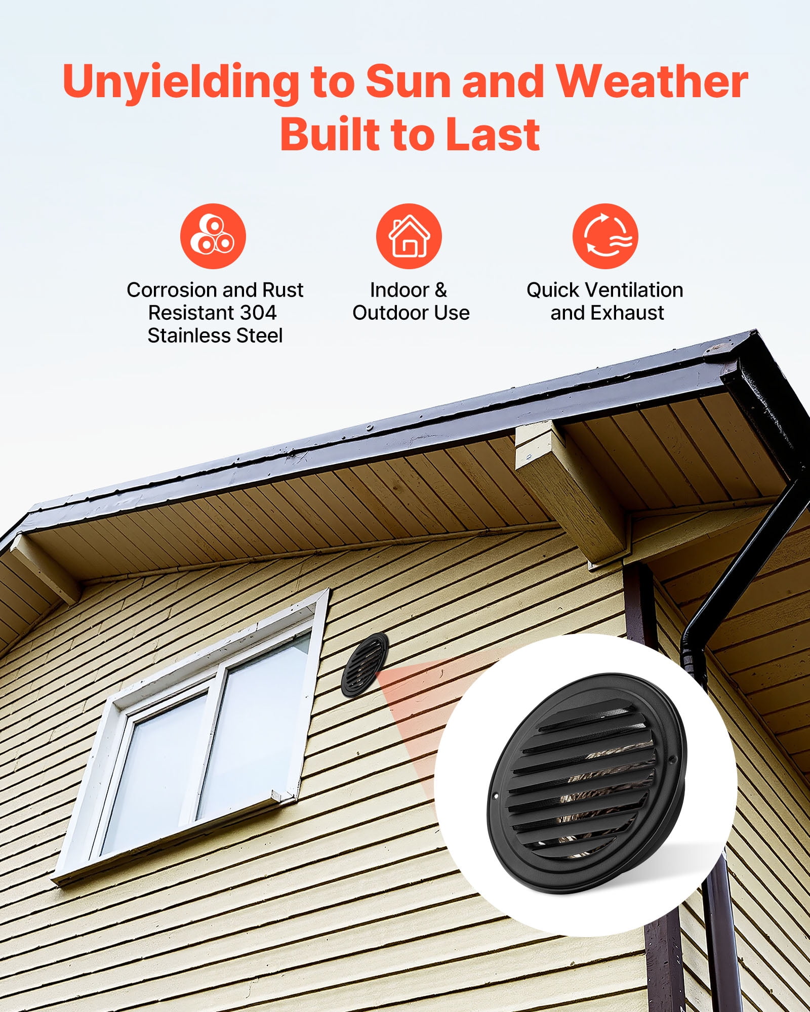 VEVOR 6 inch Wall Vent Cover, Louvered Round AC Vent Gable Cover, Premium Stainless Steel & with Built-in a Protection Screen, for House,Bathroom,Garage,Kitchen,Basement (2 Pack, Black)
