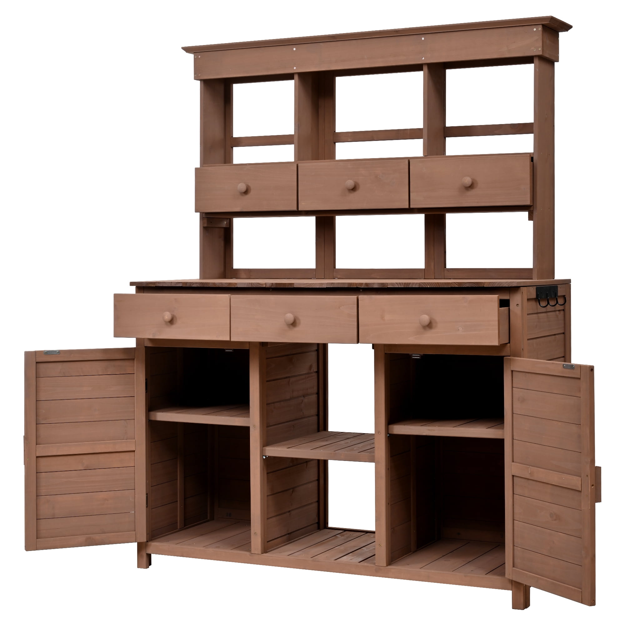 MAYEERTY 65.7" Tall Garden Potting Bench Table with Hutch – Rustic Outdoor Workstation with 3 Shelves, 6 Drawers, 2 Cabinets & Side Hooks
