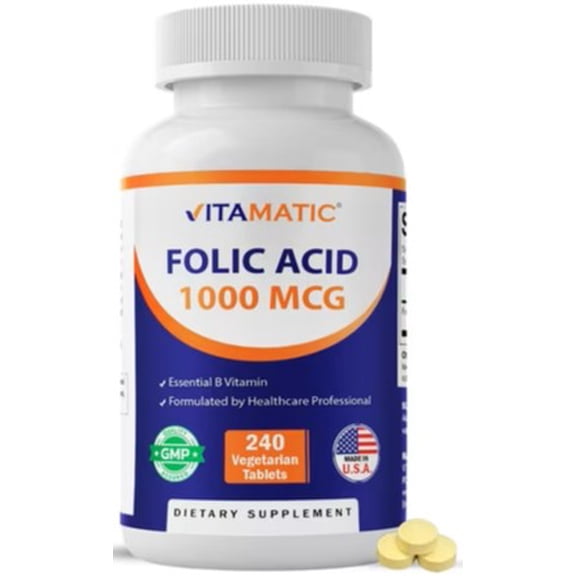 Vitamatic Folic Acid 1000 mcg (1 mg) - 240 Vegetarian Tablets - 1667 mcg DFE - Vitamin B9