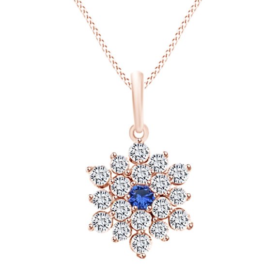 AFFY Simulated Sapphire & CZ Snowflake Pendant Necklace In 14k Solid Rose Gold