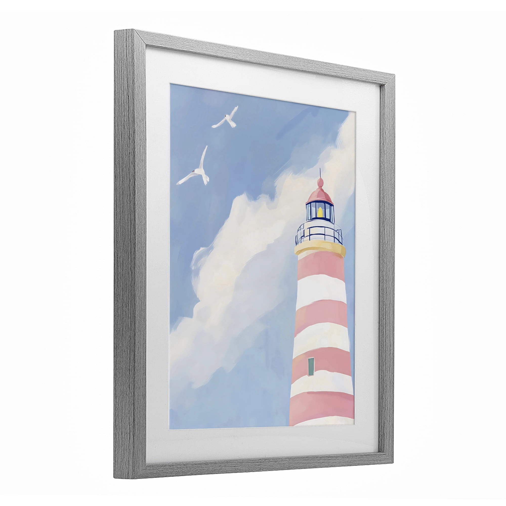 Stupell Industries Striped Lighthouse with Seagulls Gray Framed Print Under Glass, design by The Prints Vibe
