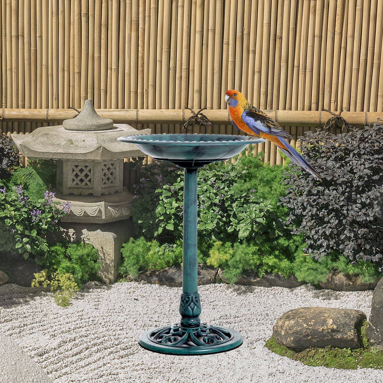 ZephyPaws  Polyresin Antique Outdoor Green Garden Bird Bath and Solar Powered Round Pond Fountain Combo Set,Green