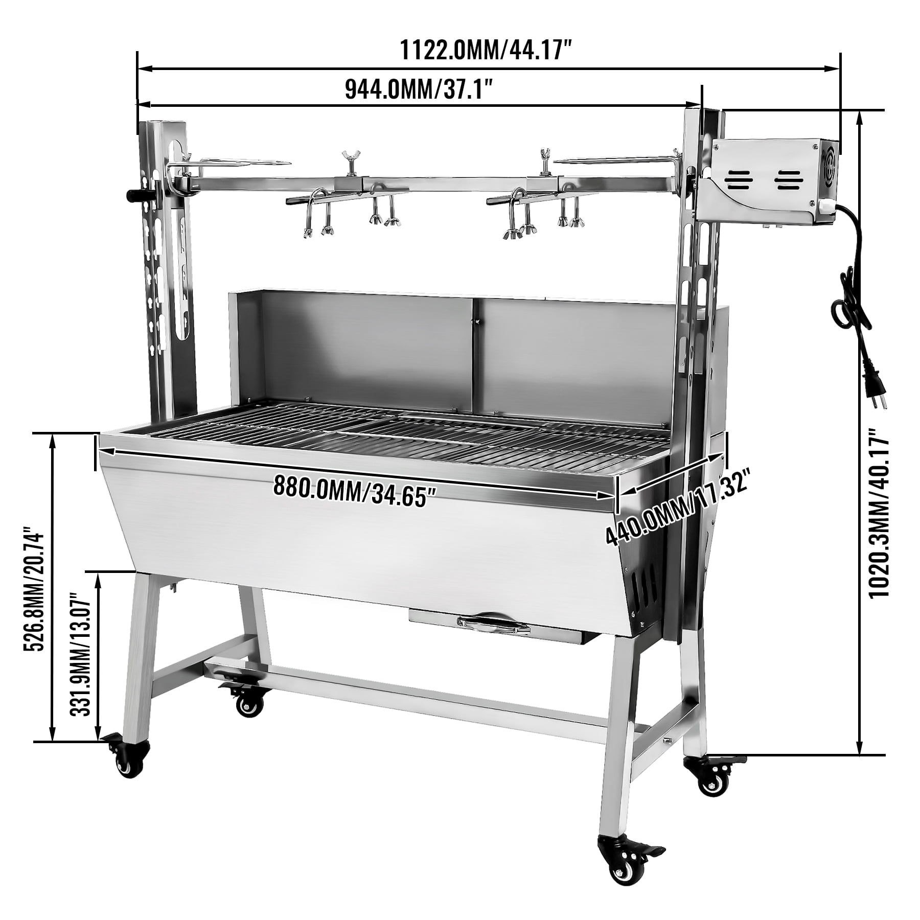 RIGMEC 25W Electric Grill, 132Lbs Stainless Steel Rotisserie, Portable Roasting Machine with Wheels, Motor & Wind Baffle for Pig, Chicken and Lamb Barbecue