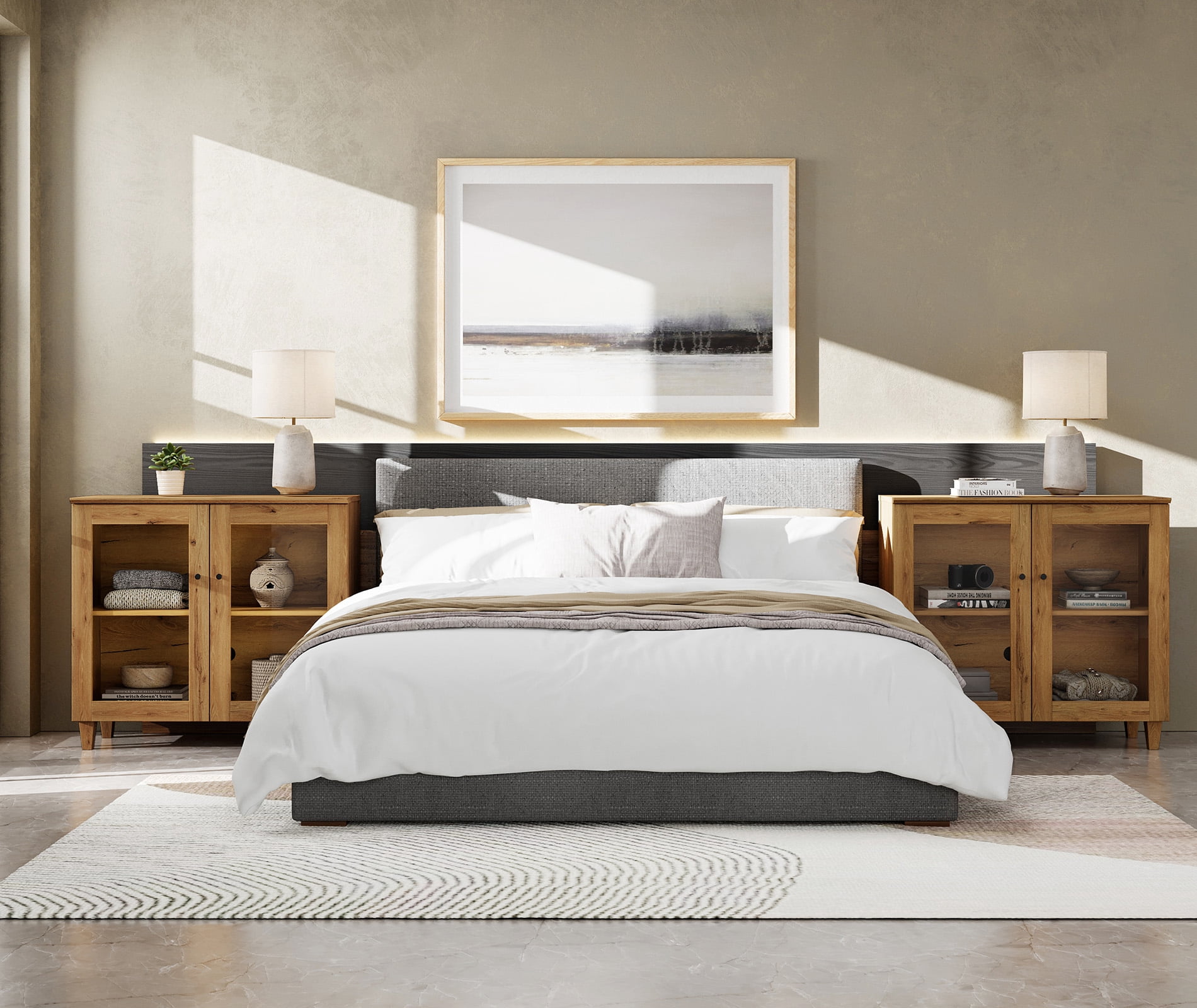 Large Bedroom Nightstand with Glass Doors, Tall Bedside Table with Adjustable Shelf and Cable Management, Brown