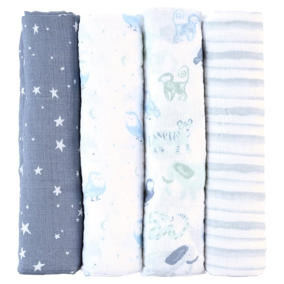 aden + anais essentials, 100% Muslin Cotton Swaddle Blanket, Male, 4 Pack, Time To Dream