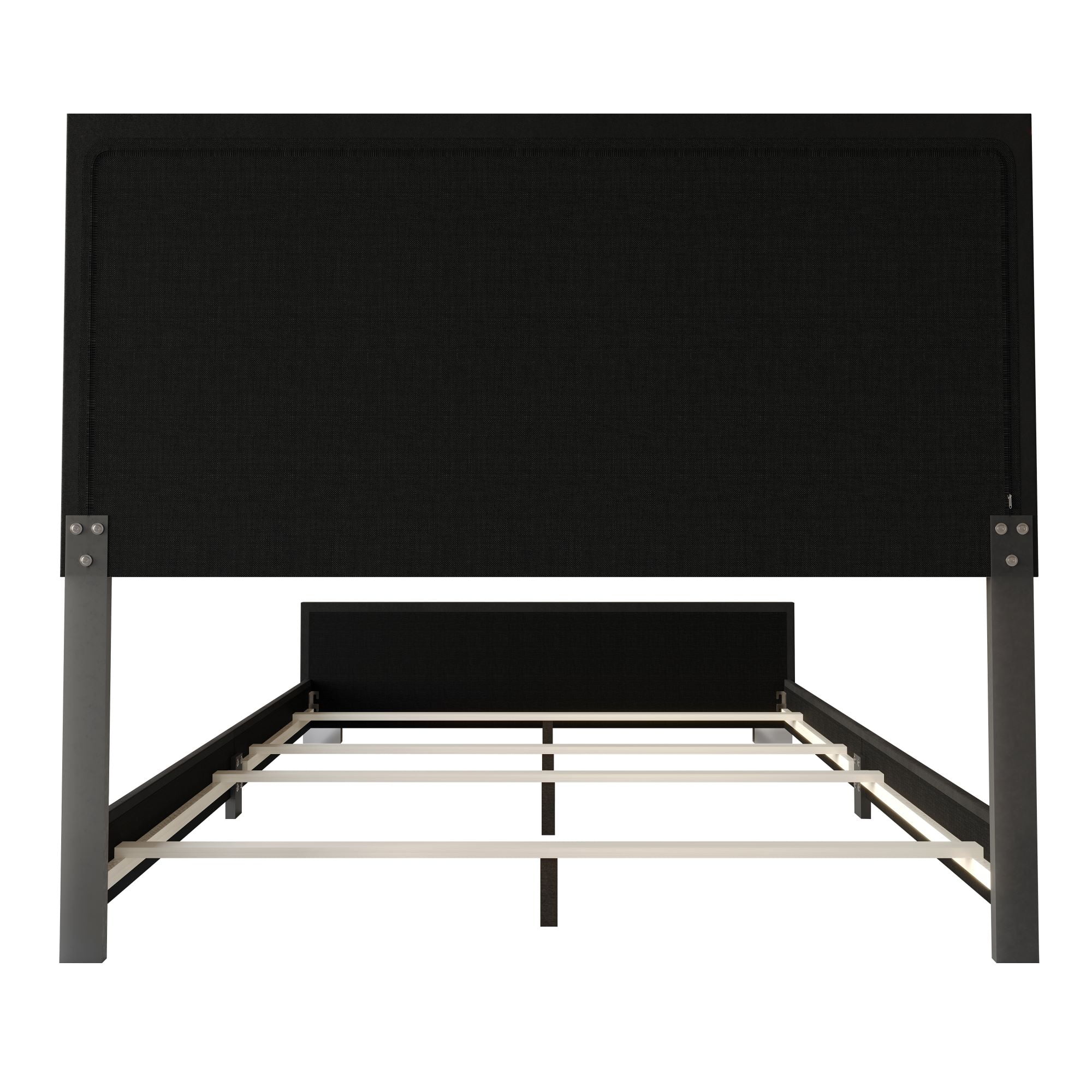 Home Design Toccoa Full Upholstered Panel Bed Frame with Diamond Button-Tufted Headboard and Silver Metal Accents, Black, Easy Assembly