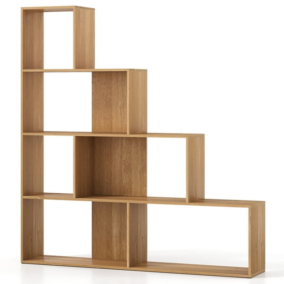 Furnibear 4-Tier Stair Bookshelf Bookcase with 6 Cubes Freestanding Storage Organizer and Display Shelf for Living Room and Home Office, Natural