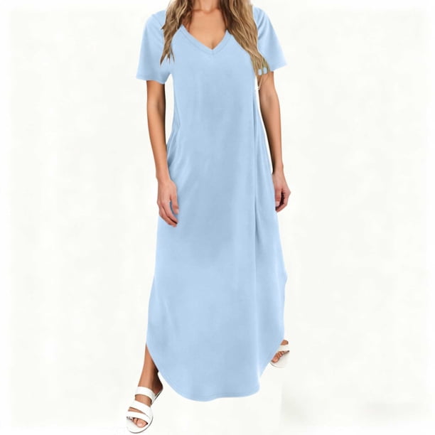 TaTaai Women Classic Casual Solid Color V Neck Short Sleeve Long Dress with Pockets Fashion Soft Stretchy Comfortable Dress for Daily Work Vacation Outfits Gift