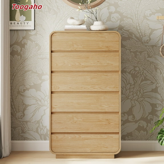 Toogaho Vertical 6 Drawers Dresser for Bedroom,Drawers Cabinets,Chests of Drawers,Curved Profile Design, Wood Mid Century Modern Dresser for Bedroom, Living Room, Natural Oak
