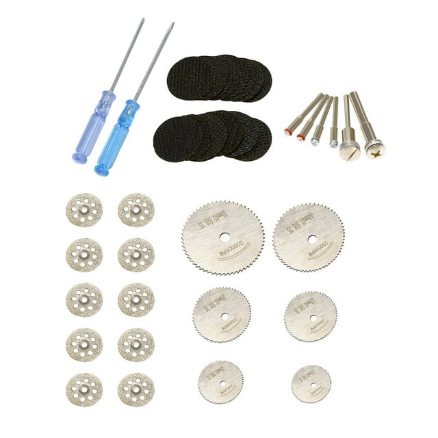 Ensemble de 36 Roues à Découper pour Outil Rotatif, Lames de Scie Circulaire HSS 6 Pcs, Disques de Coupe en Résine 20 Pcs Roues à Découper en Diamant 10 Pcs avec 2 Tournevis