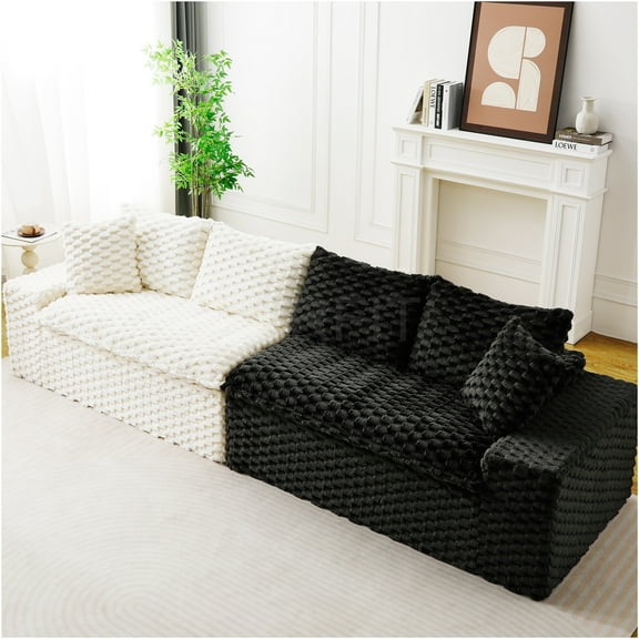 JERFIT Modular Sectional Sofa with Pillows, Velvet Convertible Couch for Living Room, 4-Seater, Black and White Color Block Design