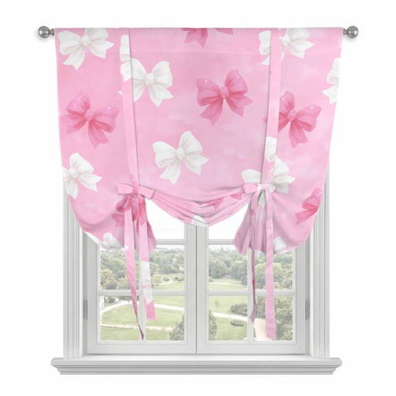 Pink White Bow Tie Up Curtains for Windows, Adjustable Balloon Window Shades, Modern Art Watercolor Bowknot Kitchen Window Treatments Adjustable Roll Up Curtain for Basement/Nursery 52"x45"