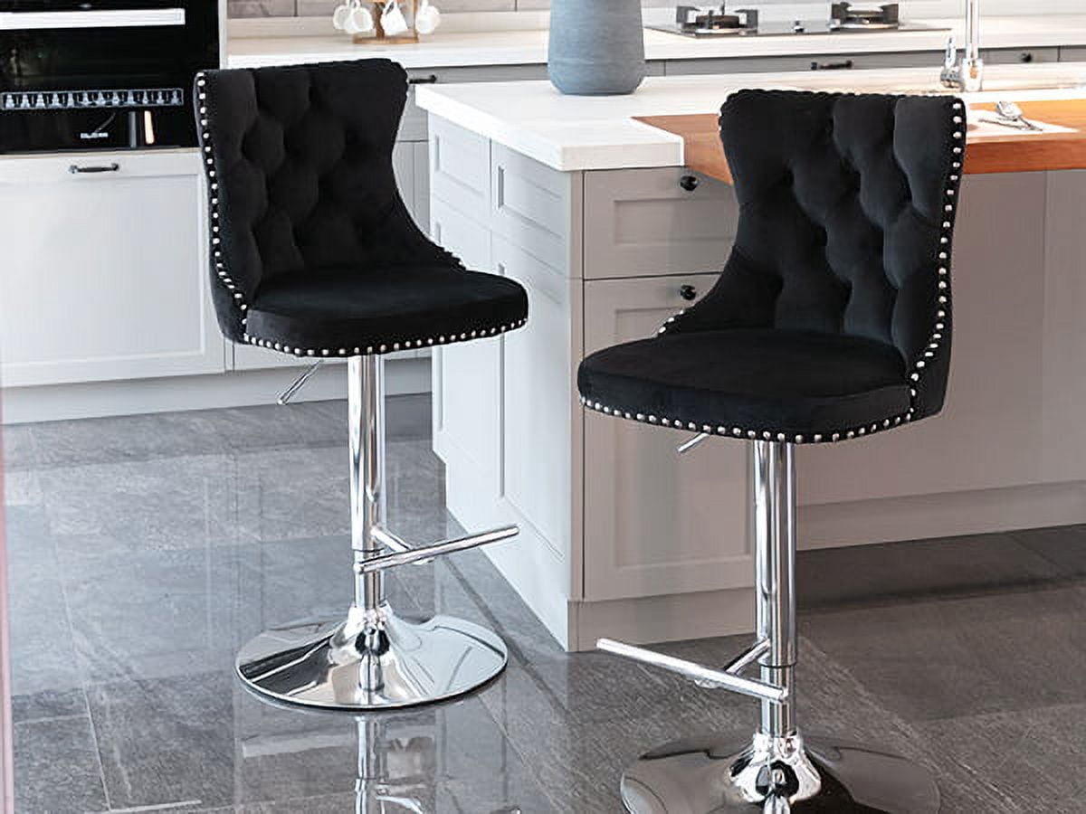 ODUSE-DAILY Black Velvet Bar Stools Set of 2 - Adjustable Swivel Counter Height Chairs with Tufted Back and Nailhead Trim for Kitchen Island Pub Restaurant (2Pcs, Chrome Metal, Black)