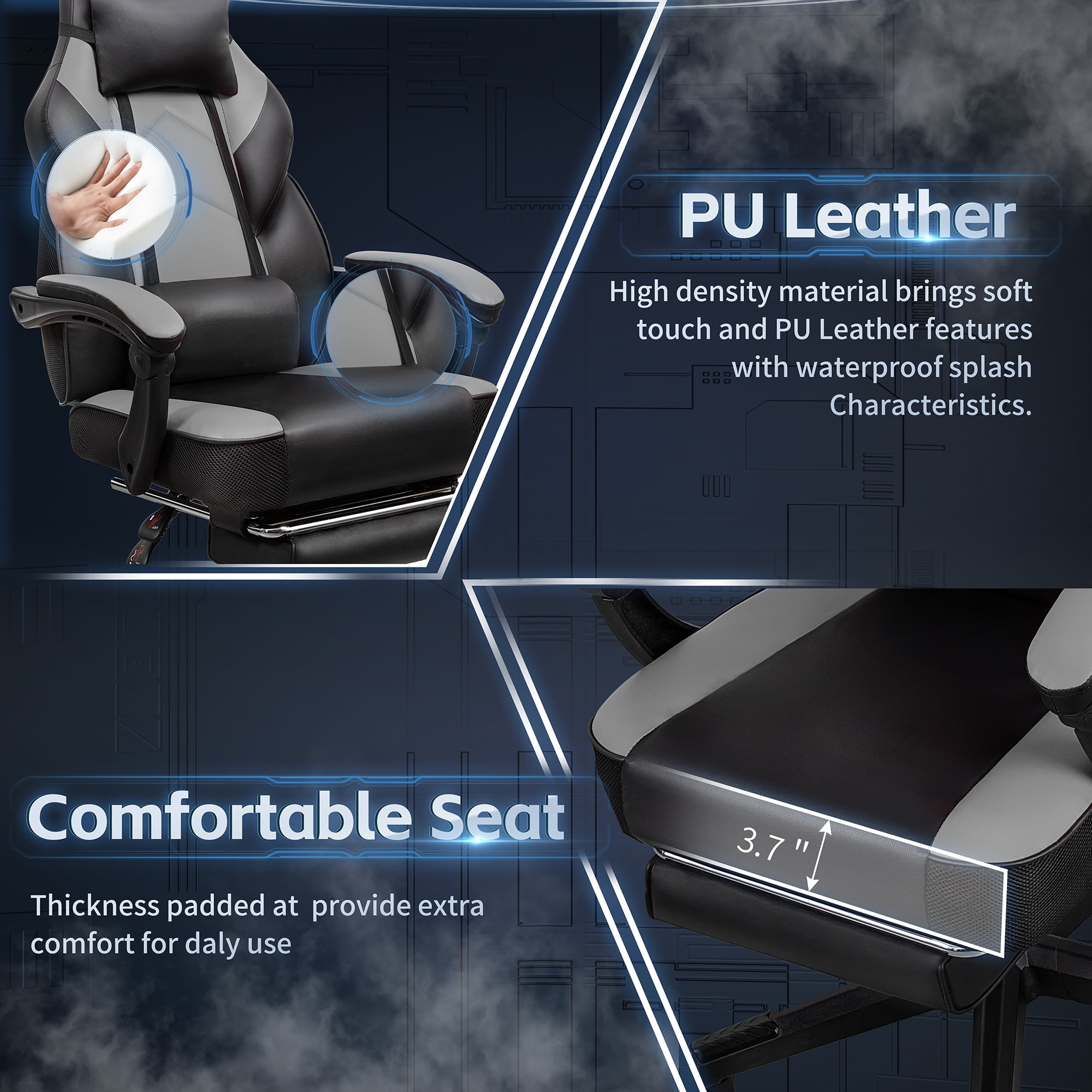 Walsunny Ergonomic Gaming Chair with Adjustable Footrest and Massage Leather Game Chair large gaming chair with Headrest and Lumbar Support for Adults, Gray