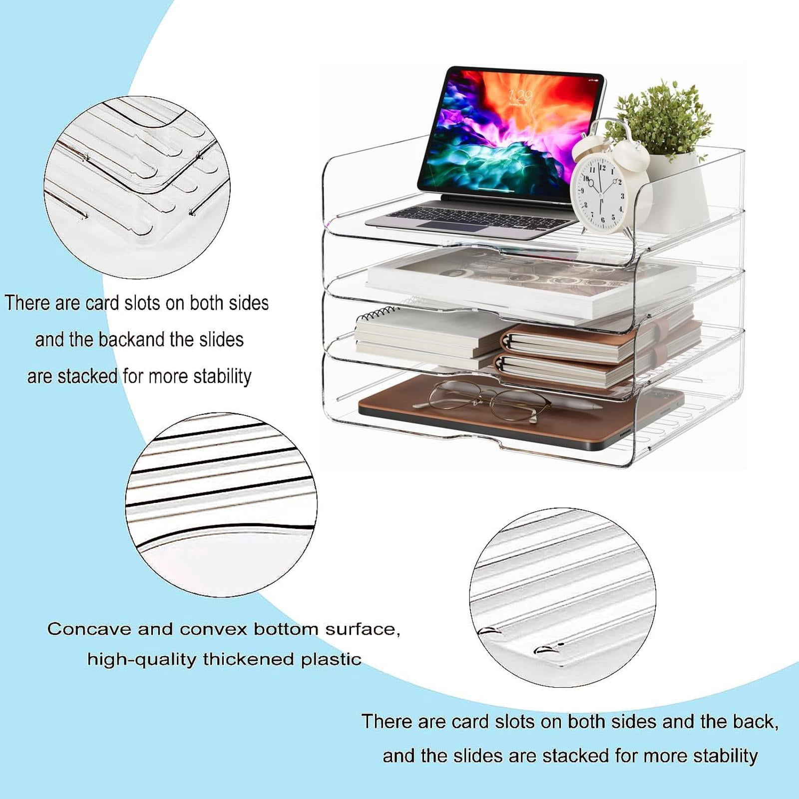 PHANCIR Clear 4-Tier Stackable Desk Organizer, Horizontal Paper File Tray, Desktop Document Sorter & Storage for Office, Home, School, Holds A4, Letters, Notebooks, Books & Office Supplies